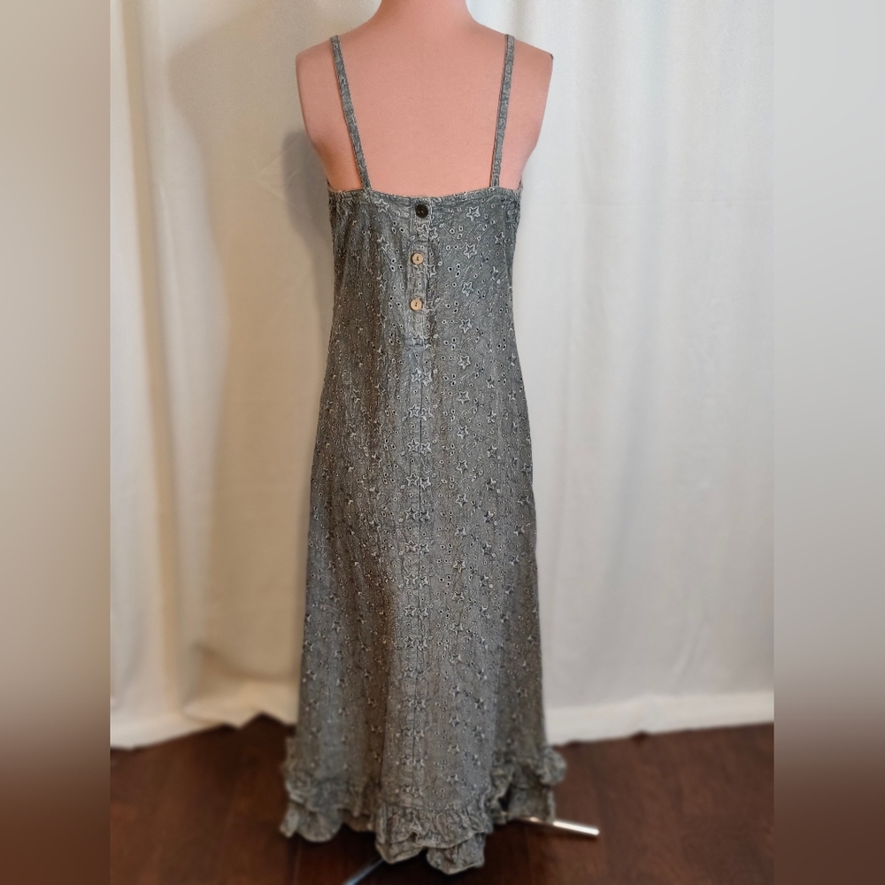 Vintage olive Eyelet peekaboo Ruffle maxi Dress Spring - Picture 4 of 9
